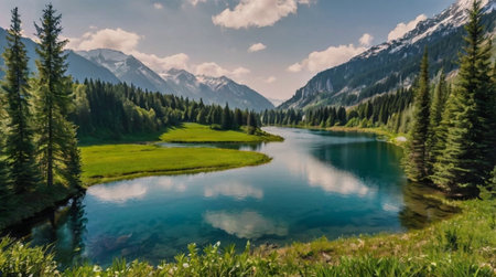 Panoramic view of a beautiful mountain lake surrounded by coniferous forest