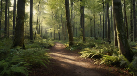 Beautiful morning in the forest with sun rays coming through the treesの写真素材