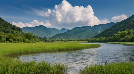 Panoramic view of the river and mountains in the distance.