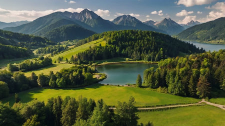 Aerial view of the lake in the mountains. Summer landscape.の写真素材