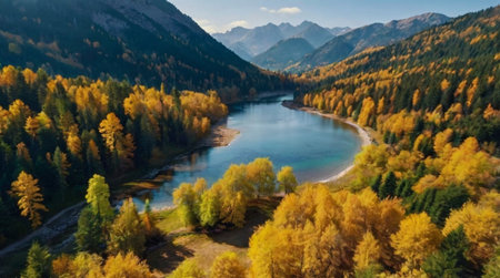 Aerial view of mountain lake in autumn. Beautiful nature landscape.の写真素材