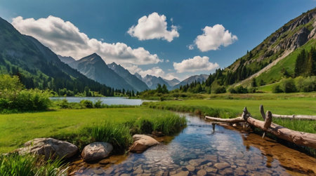 Panoramic view of alpine lake in summer, Austria.