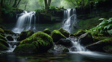 Beautiful waterfall in the green forest. Soft focus, long exposure.の写真素材