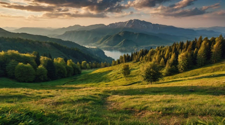 Panoramic view of alpine meadow at sunset in summer