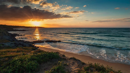 Beautiful sunset on the beach. Panoramic view of the beach at sunset.
