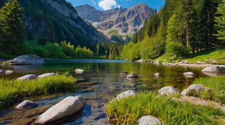 Panoramic view of a mountain lake in the Dolomitesの写真素材