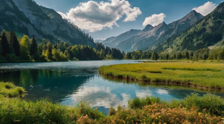 panoramic view of the alpine lake in the italian alpsの写真素材