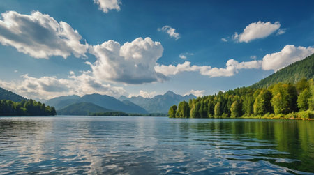 Landscape with a lake and mountains in the background. Panorama