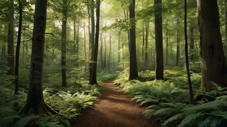 Pathway in the green forest with ferns and ferns