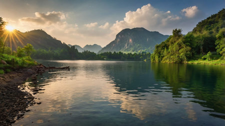 Landscape view of the lake and mountains at sunset