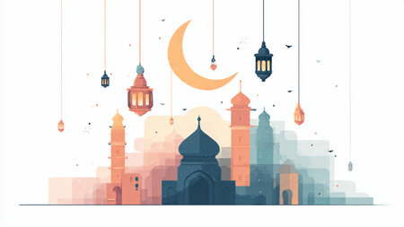 Spiritual Ramadan illustration with mosque silhouette and glow.の写真素材