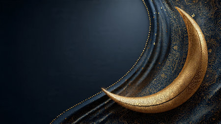 Ramadan Kareem visual with premium gold accents and a deep blue night sky.の写真素材