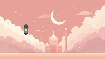 Spiritual Ramadan scene inspired by mosque architecture and moonlight.の写真素材