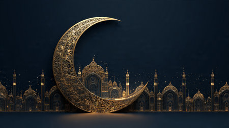 Ramadan night illustration with crescent moon and lanterns.の写真素材