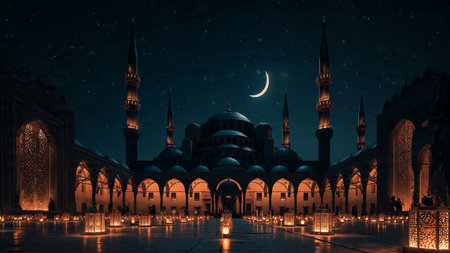 Ramadan night illustration with stars, crescent moon, and soft clouds.の写真素材