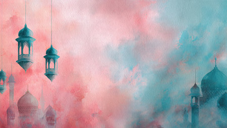 Ramadan background showing a mosque silhouette under a serene moonlit sky.の写真素材