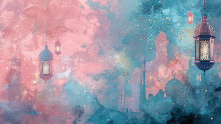 Ramadan greeting background with a glowing lantern, smooth lighting, and a premium minimalist composition.の写真素材