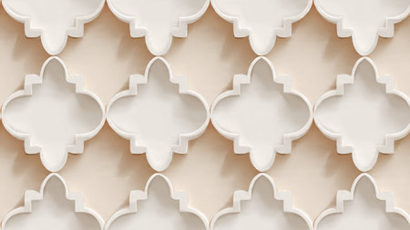 Peaceful Ramadan illustration showing a crescent moon floating above clouds, pastel colors, and a...