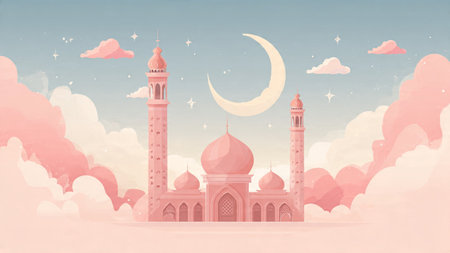 Minimal Ramadan night scene with a crescent moon above soft clouds, smooth gradients, and a modern Islamic aesthetic.の写真素材