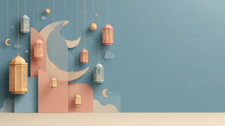 Elegant Ramadan background with a luminous crescent moon and refined gold details, creating a...