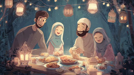 Ramadan night background featuring glowing lanterns and smooth shadows.