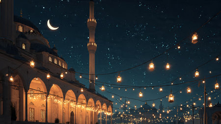 Luxury Ramadan design combining gold highlights and dark tones.