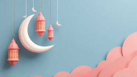 Minimal Ramadan scene with elegant Islamic design elements.