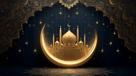 Ramadan Kareem visual featuring abstract Islamic shapes and elegant lighting.の写真素材