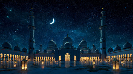 Minimalist Ramadan illustration with abstract crescent moon form.