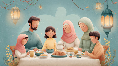 Modern Ramadan illustration with abstract geometric accents.