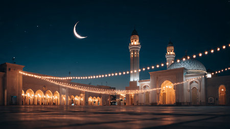 Modern minimalist Ramadan design with dark tones and gold highlights.
