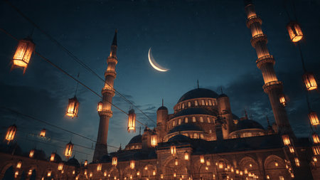 Modern Islamic Ramadan design with abstract geometry and soft lighting.