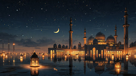 Spiritual Ramadan illustration with mosque silhouette and light rays.
