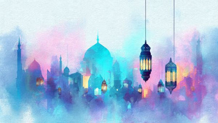 Premium Ramadan illustration with dark tones and gold accents.