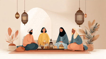 Modern Islamic Ramadan design with abstract symbolic shapes.