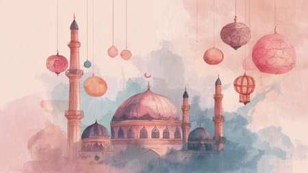 High-end Ramadan background with luxury gold accents and dark blue tones.の写真素材