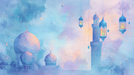 Ramadan Kareem visual featuring abstract Islamic shapes and elegant lighting.の写真素材