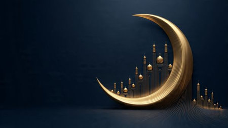 Luxury Ramadan background inspired by Islamic art with gold accents and dark blue tones.の写真素材