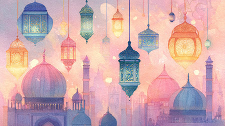 Ramadan background with crescent moon rising above a serene mosque silhouette.