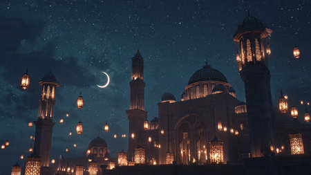 Ramadan background with crescent moon rising above a serene mosque silhouette.
