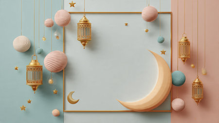 Traditional Islamic lantern glowing softly in a dark elegant setting, symbolizing the warmth and...