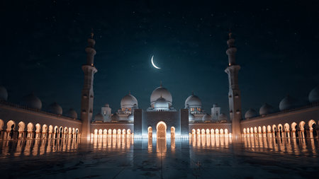 Ramadan illustration with calm clouds and moonlight glow.