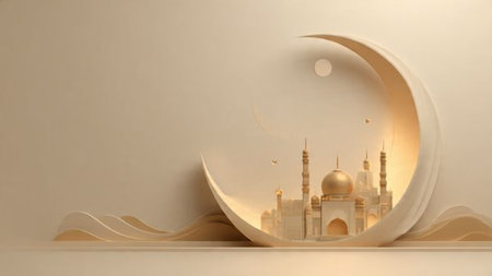 Ramadan night illustration with stars, crescent moon, and soft clouds.の写真素材