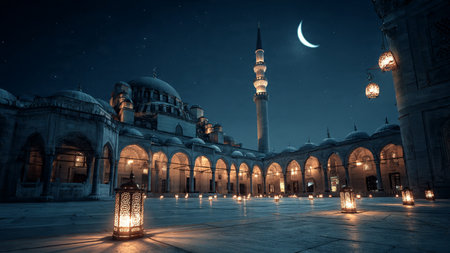 Modern Islamic Ramadan design with smooth gradients and dark colors.