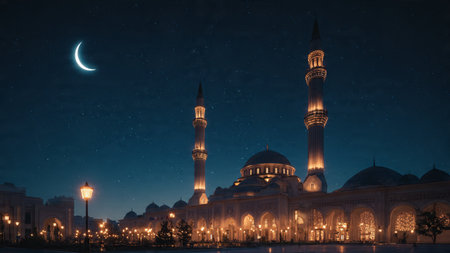 Modern Islamic Ramadan design with abstract shapes and gentle lighting.