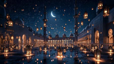 Ramadan Kareem visual featuring abstract Islamic shapes and elegant lighting.の写真素材