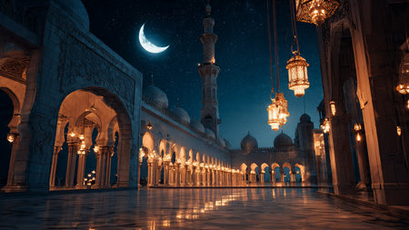 Spiritual Ramadan scene with soft light rays and tranquil mood.