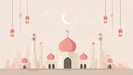 Illustration of a mosque with minarets and domes, set against a serene night sky with a crescent...