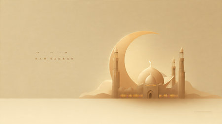 Ramadan background showing a mosque silhouette under a serene moonlit sky.