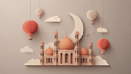 Ramadan night illustration with mosque silhouette and golden highlights.の写真素材